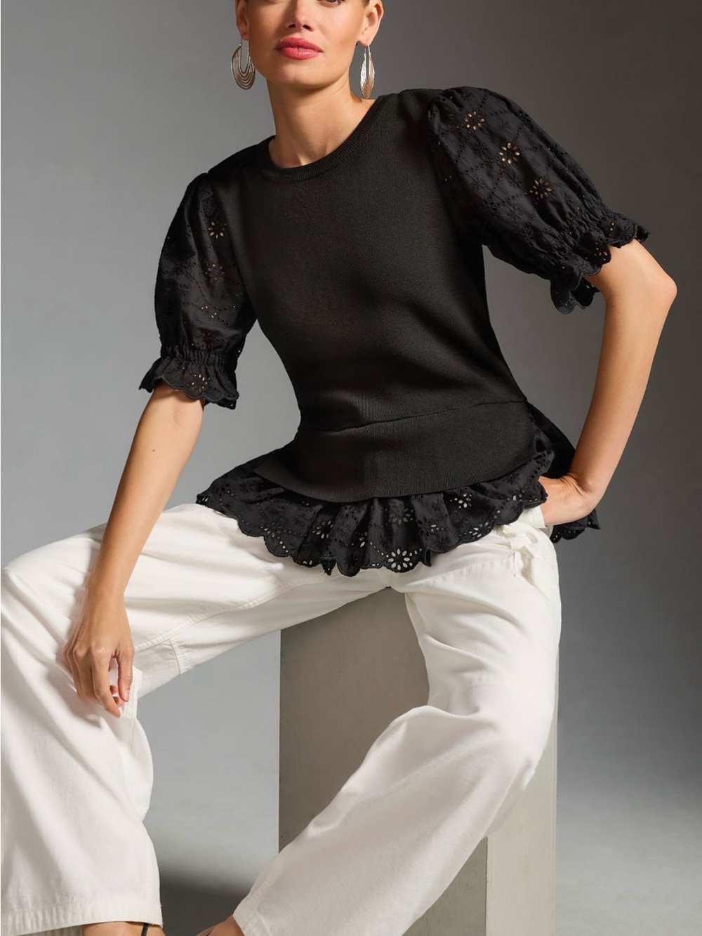 Anthropologie English Factory Eyelet Puff-Sleeve Sweater Tee - Picture 3 of 10